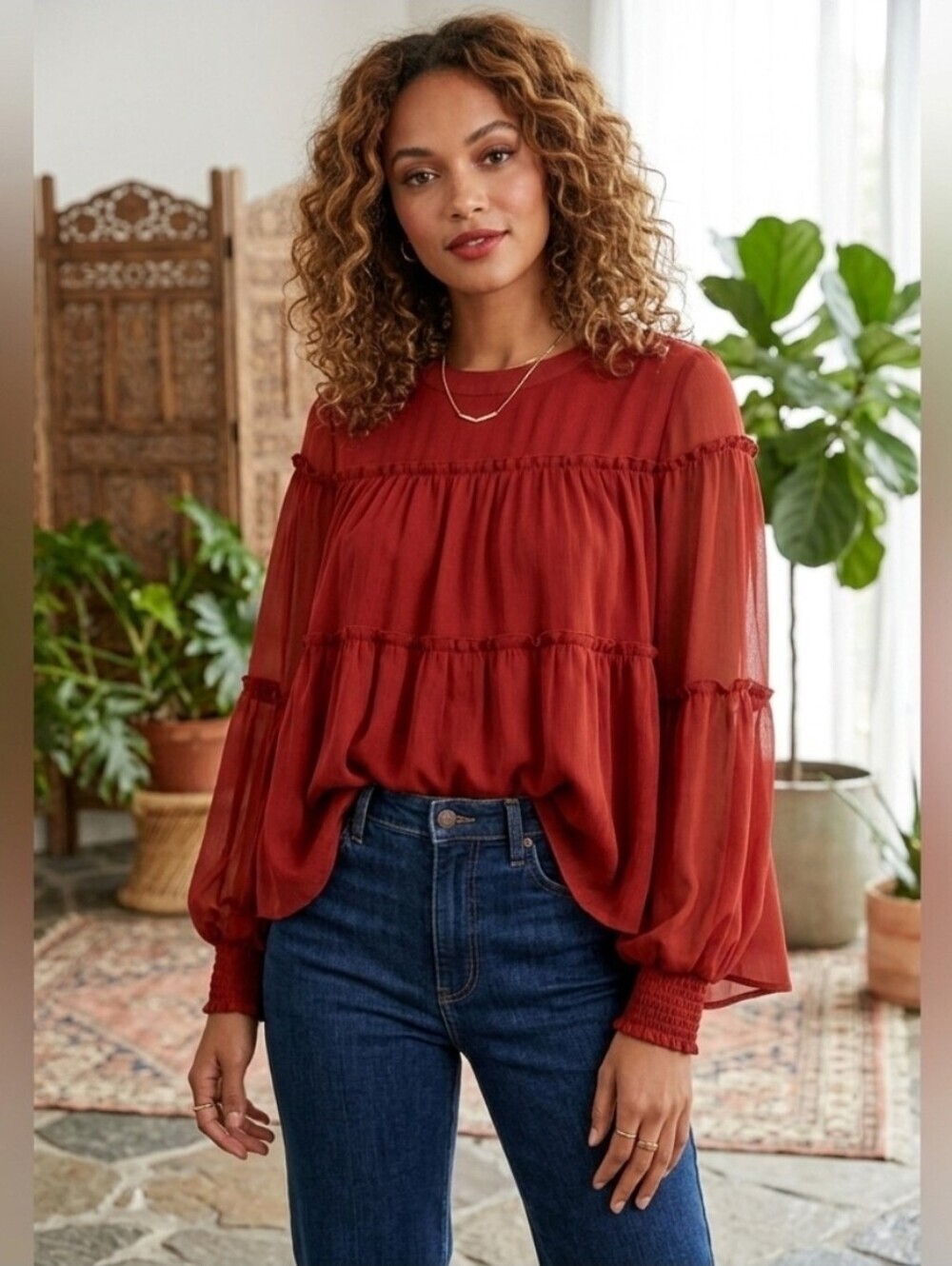 Boho maroon tiered flowy thin blouse balloon sleeves lined